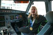 16 March 2025; Maire Connelly of Team Ireland, a member of Kilternan Karvers, Clanbridge, Galway, on arrival at Dublin airport after competing in the Turin 2025 Special Olympics World Winter Games in Italy. Photo by Ray McManus/Sportsfile