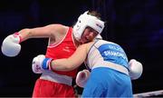 16 March 2025; Aoife O’Rourke of Ireland, left, in action against Anastasiia Shamonova of Russia in their 70-75kg Elite Women middleweight final bout during the 2025 IBA Women's World Boxing Championships finals at the Cair Sports Center in Niš, Serbia. Photo by Nikola Krstic/Sportsfile