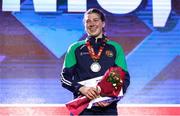 16 March 2025; Aoife O’Rourke of Ireland with her silver medal after her 70-75kg Elite Women middleweight final bout during the 2025 IBA Women's World Boxing Championships finals at the Cair Sports Center in Niš, Serbia. Photo by Nikola Krstic/Sportsfile