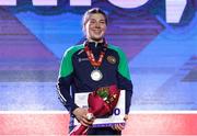 16 March 2025; Aoife O’Rourke of Ireland with her silver medal after her 70-75kg Elite Women middleweight final bout during the 2025 IBA Women's World Boxing Championships finals at the Cair Sports Center in Niš, Serbia. Photo by Nikola Krstic/Sportsfile