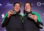 16 March 2025; Aoife O’Rourke, left, and Lisa O’Rourke of Ireland with their silver medals after their respective Elite Women 70-75kg middleweight and 66-70kg light middleweight final bouts during the 2025 IBA Women's World Boxing Championships finals at the Cair Sports Center in Niš, Serbia. Photo by Nikola Krstic/Sportsfile