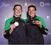 16 March 2025; Lisa O’Rourke, left, and Aoife O’Rourke of Ireland with their silver medals after their respective 66-70kg light middleweight and Elite Women 70-75kg middleweight final bouts during the 2025 IBA Women's World Boxing Championships finals at the Cair Sports Center in Niš, Serbia. Photo by Nikola Krstic/Sportsfile