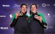 16 March 2025; Aoife O’Rourke, left, and Lisa O’Rourke of Ireland with their silver medals after their respective Elite Women 70-75kg middleweight and 66-70kg light middleweight final bouts during the 2025 IBA Women's World Boxing Championships finals at the Cair Sports Center in Niš, Serbia. Photo by Nikola Krstic/Sportsfile