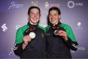 16 March 2025; Lisa O’Rourke, left, and Aoife O’Rourke of Ireland with their silver medals after their respective 66-70kg light middleweight and Elite Women 70-75kg middleweight final bouts during the 2025 IBA Women's World Boxing Championships finals at the Cair Sports Center in Niš, Serbia. Photo by Nikola Krstic/Sportsfile