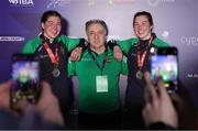 16 March 2025; Aoife O’Rourke, left, and Lisa O’Rourke of Ireland, and their coach coach Zaur Antia, with their silver medals after their respective Elite Women 70-75kg middleweight and 66-70kg light middleweight final bouts during the 2025 IBA Women's World Boxing Championships finals at the Cair Sports Center in Niš, Serbia. Photo by Nikola Krstic/Sportsfile