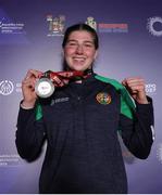 16 March 2025; Aoife O’Rourke of Ireland with her silver medal after her 70-75kg Elite Women middleweight final bout during the 2025 IBA Women's World Boxing Championships finals at the Cair Sports Center in Niš, Serbia. Photo by Nikola Krstic/Sportsfile