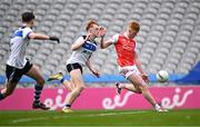 17 March 2025; Darragh Beirne of St Colman's College in action against Darragh O'Neill of St Patrick's Maghera during the Masita GAA Football Post Primary Schools Hogan Cup final match between St Colman's Claremorris of Mayo and St Patrick's Maghera of Derry at Croke Park in Dublin. Photo by Piaras Ó Mídheach/Sportsfile