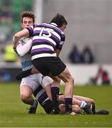 17 March 2025; Aiden Vetjens of Blackrock College is tackled by Michael Kennedy, 13, and Geoff O'Sullivan of Terenure College during the Bank of Ireland Leinster Rugby Boys Schools Senior Cup final match between Blackrock College and Terenure College at Tallaght Stadium in Dublin. Photo by Ben McShane/Sportsfile