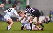 17 March 2025; Aiden Vetjens of Blackrock College is tackled by Michael Kennedy, 13, and Geoff O'Sullivan of Terenure College during the Bank of Ireland Leinster Rugby Boys Schools Senior Cup final match between Blackrock College and Terenure College at Tallaght Stadium in Dublin. Photo by Ben McShane/Sportsfile