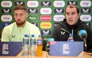 17 March 2025; Matt Doherty and assistant head coach John O'Shea during a Republic of Ireland media conference at the FAI Headquarters in Abbotstown, Dublin. Photo by Stephen McCarthy/Sportsfile