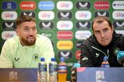 17 March 2025; Matt Doherty and assistant head coach John O'Shea during a Republic of Ireland media conference at the FAI Headquarters in Abbotstown, Dublin. Photo by Stephen McCarthy/Sportsfile