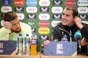 17 March 2025; Matt Doherty and assistant head coach John O'Shea during a Republic of Ireland media conference at the FAI Headquarters in Abbotstown, Dublin. Photo by Stephen McCarthy/Sportsfile