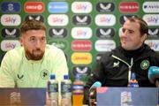 17 March 2025; Matt Doherty and assistant head coach John O'Shea during a Republic of Ireland media conference at the FAI Headquarters in Abbotstown, Dublin. Photo by Stephen McCarthy/Sportsfile