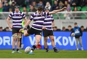 17 March 2025; Ben Blaney of Terenure College kicks a penalty during the Bank of Ireland Leinster Rugby Boys Schools Senior Cup final match between Blackrock College and Terenure College at Tallaght Stadium in Dublin. Photo by Giselle O'Donoghue/Sportsfile