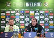 17 March 2025; Matt Doherty and assistant head coach John O'Shea during a Republic of Ireland media conference at the FAI Headquarters in Abbotstown, Dublin. Photo by Stephen McCarthy/Sportsfile