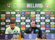 17 March 2025; Matt Doherty and assistant head coach John O'Shea during a Republic of Ireland media conference at the FAI Headquarters in Abbotstown, Dublin. Photo by Stephen McCarthy/Sportsfile