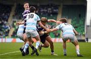 17 March 2025; Alvaro Swords of Terenure College is tackled by Paddy Clancy, left, and James Browne of Blackrock College during the Bank of Ireland Leinster Rugby Boys Schools Senior Cup final match between Blackrock College and Terenure College at Tallaght Stadium in Dublin. Photo by Ben McShane/Sportsfile