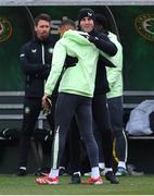 17 March 2025; Assistant head coach John O'Shea and Gavin Bazunu during a Republic of Ireland training session at the FAI National Training Centre in Abbotstown, Dublin. Photo by Stephen McCarthy/Sportsfile