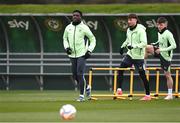 17 March 2025; James Abankwah, left, Rocco Vata and Andy Moran, right, during a Republic of Ireland training session at the FAI National Training Centre in Abbotstown, Dublin. Photo by Stephen McCarthy/Sportsfile