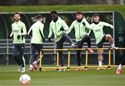 17 March 2025; Players, from left, Mikey Johnston, James Abankwah, Rocco Vata and Andy Moran during a Republic of Ireland training session at the FAI National Training Centre in Abbotstown, Dublin. Photo by Stephen McCarthy/Sportsfile
