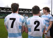 17 March 2025; Michael O'Sullivan, 7, and Harry O'Neill of Blackrock College show their numbers after their teams' 72nd Senior cup win after the Bank of Ireland Leinster Rugby Boys Schools Senior Cup final match between Blackrock College and Terenure College at Tallaght Stadium in Dublin. Photo by Ben McShane/Sportsfile