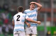 17 March 2025; Harry O'Neill, left, and Geoff Wall of Blackrock College after their side's victory in the Bank of Ireland Leinster Rugby Boys Schools Senior Cup final match between Blackrock College and Terenure College at Tallaght Stadium in Dublin. Photo by Ben McShane/Sportsfile