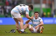 17 March 2025; Harry O'Neill, left, and Geoff Wall of Blackrock College after their side's victory in the Bank of Ireland Leinster Rugby Boys Schools Senior Cup final match between Blackrock College and Terenure College at Tallaght Stadium in Dublin. Photo by Ben McShane/Sportsfile