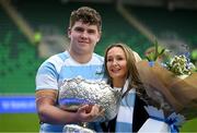 17 March 2025; Blackrock College captain Sami Bishti with the cup and his mother Laura after the Bank of Ireland Leinster Rugby Boys Schools Senior Cup final match between Blackrock College and Terenure College at Tallaght Stadium in Dublin. Photo by Giselle O'Donoghue/Sportsfile