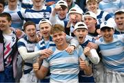 17 March 2025; Blackrock College supporters celebrate with Artur Smykovskiy of Blackrock College, centre, after the Bank of Ireland Leinster Rugby Boys Schools Senior Cup final match between Blackrock College and Terenure College at Tallaght Stadium in Dublin. Photo by Giselle O'Donoghue/Sportsfile