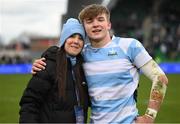 17 March 2025; Johnny O'Sullivan of Blackrock College with Blackrock College sports psychologist Olivia Hurley after the Bank of Ireland Leinster Rugby Boys Schools Senior Cup final match between Blackrock College and Terenure College at Tallaght Stadium in Dublin. Photo by Giselle O'Donoghue/Sportsfile