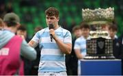 17 March 2025; Blackrock College captain Sami Bishti makes a speech after his side's victory in the Bank of Ireland Leinster Rugby Boys Schools Senior Cup final match between Blackrock College and Terenure College at Tallaght Stadium in Dublin. Photo by Giselle O'Donoghue/Sportsfile
