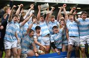17 March 2025; Blackrock College captain Sami Bishti lifts the cup alonside his teammates after thier side's victory in the Bank of Ireland Leinster Rugby Boys Schools Senior Cup final match between Blackrock College and Terenure College at Tallaght Stadium in Dublin. Photo by Giselle O'Donoghue/Sportsfile