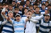 17 March 2025; Blackrock College supporters celebrate after their side's victory in the Bank of Ireland Leinster Rugby Boys Schools Senior Cup final match between Blackrock College and Terenure College at Tallaght Stadium in Dublin. Photo by Giselle O'Donoghue/Sportsfile