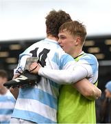 17 March 2025; James Browne, left, and Albert Lindner of Blackrock College celebrate after the Bank of Ireland Leinster Rugby Boys Schools Senior Cup final match between Blackrock College and Terenure College at Tallaght Stadium in Dublin. Photo by Giselle O'Donoghue/Sportsfile