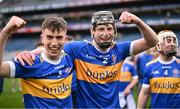 17 March 2025; CBS Thurles players Killian Cantwell, left, and Toby Corbett celebrate after their side's victory in the Masita GAA Hurling Post Primary Schools Croke Cup final match between Presentation College Athenry of Gaway and CBS Thurles of Tipperary at Croke Park in Dublin. Photo by Piaras Ó Mídheach/Sportsfile