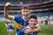 17 March 2025; CBS Thurles players Killian Cantwell, 5, and Dan McCahey celebrate after their side's victory in the Masita GAA Hurling Post Primary Schools Croke Cup final match between Presentation College Athenry of Gaway and CBS Thurles of Tipperary at Croke Park in Dublin. Photo by Piaras Ó Mídheach/Sportsfile
