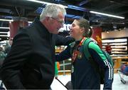 17 March 2025; Lisa O’Rourke of Ireland with the silver medal she won at the 2025 IBA Women's World Boxing Championships finals is congratulated by their dad Kevin upon their arrival at Dublin Airport from the IBA Women's World Boxing Championships in Niš, Serbia. Photo by Ray McManus/Sportsfile