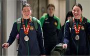 17 March 2025; Aoife, left, and Lisa O’Rourke of Ireland with the silver medals they won in their respective Elite Women 70-75kg middleweight and 66-70kg light middleweight final bouts at the 2025 IBA Women's World Boxing Championships finals upon their arrival at Dublin Airport from the IBA Women's World Boxing Championships in Niš, Serbia. Photo by Ray McManus/Sportsfile