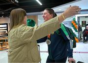 17 March 2025; Aoife O’Rourke of Ireland, who won a Silver medal at the 2025 IBA Women's World Boxing Championships finals, is congratulated by their mother Ann upon their arrival at Dublin Airport from the IBA Women's World Boxing Championships in Niš, Serbia. Photo by Ray McManus/Sportsfile