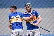 17 March 2025; CBS Thurles players Dan McCahey, 22, and Toby Corbett celebrate after their side's victory in the Masita GAA Hurling Post Primary Schools Croke Cup final match between Presentation College Athenry of Gaway and CBS Thurles of Tipperary at Croke Park in Dublin. Photo by Piaras Ó Mídheach/Sportsfile