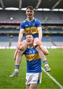 17 March 2025; CBS Thurles players Ronan O'Brien and Ryne Bargary, above, celebrate after their side's victory in the Masita GAA Hurling Post Primary Schools Croke Cup final match between Presentation College Athenry of Gaway and CBS Thurles of Tipperary at Croke Park in Dublin. Photo by Piaras Ó Mídheach/Sportsfile