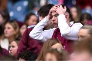 17 March 2025; A Presentation College Athenry supporter reacts during the closing moments of the Masita GAA Hurling Post Primary Schools Croke Cup final match between Presentation College Athenry of Gaway and CBS Thurles of Tipperary at Croke Park in Dublin. Photo by Piaras Ó Mídheach/Sportsfile