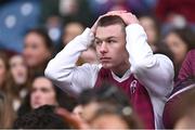 17 March 2025; A Presentation College Athenry supporter reacts during the closing moments of the Masita GAA Hurling Post Primary Schools Croke Cup final match between Presentation College Athenry of Gaway and CBS Thurles of Tipperary at Croke Park in Dublin. Photo by Piaras Ó Mídheach/Sportsfile