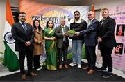 17 March 2025; A St Patrick’s Day cultural exchange as Bollywood royalty meets Irish cricket! Abhishek Bachchan visits the Indian Embassy in Dublin and is joined by Ambassador of India to Ireland?? Ambassador HE Shri Akhilesh Mishra as they were presented with shamrock by Cricket Ireland CEO Warren Deutrom, in the company of, from left, European T20 Premier League Co-founder and Director Saurav Banerjee, European T20 Premier League Co-founder and Director Priyanka Kaul, Shri Reeti Mishra and Ireland cricketer Kevin O'Brien. Follow https://x.com/etplofficial for the latest updates. Photo by Brendan Moran/Sportsfile