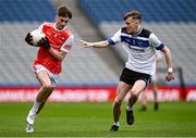 17 March 2025; Jake Mullin of St Colman's College in action against Dara Doherty of St Patrick's Maghera during the Masita GAA Football Post Primary Schools Hogan Cup final match between St Colman's Claremorris of Mayo and St Patrick's Maghera of Derry at Croke Park in Dublin. Photo by Piaras Ó Mídheach/Sportsfile