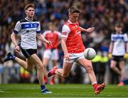 17 March 2025; David Hurley of St Colman's College shoots under pressure from Odhran Doherty of St Patrick's Maghera during the Masita GAA Football Post Primary Schools Hogan Cup final match between St Colman's Claremorris of Mayo and St Patrick's Maghera of Derry at Croke Park in Dublin. Photo by Piaras Ó Mídheach/Sportsfile