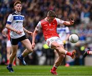 17 March 2025; David Hurley of St Colman's College shoots under pressure from Odhran Doherty of St Patrick's Maghera during the Masita GAA Football Post Primary Schools Hogan Cup final match between St Colman's Claremorris of Mayo and St Patrick's Maghera of Derry at Croke Park in Dublin. Photo by Piaras Ó Mídheach/Sportsfile