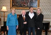 15 March 2025; President of Ireland Michael D Higgins and wife Sabina with Bernie Slaven and wife Claire of the Republic of Ireland squad from the Italia 1990 FIFA World Cup at Áras an Uachtaráin in Dublin. Photo by Stephen McCarthy/Sportsfile