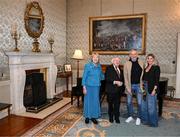 15 March 2025; President of Ireland Michael D Higgins and wife Sabina with Chris Morris and wife Paula of the Republic of Ireland squad from the Italia 1990 FIFA World Cup at Áras an Uachtaráin in Dublin. Photo by Stephen McCarthy/Sportsfile