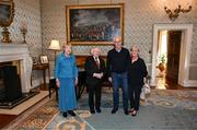 15 March 2025; President of Ireland Michael D Higgins and wife Sabina with Mick McCarthy and wife Fiona of the Republic of Ireland squad from the Italia 1990 FIFA World Cup at Áras an Uachtaráin in Dublin. Photo by Stephen McCarthy/Sportsfile